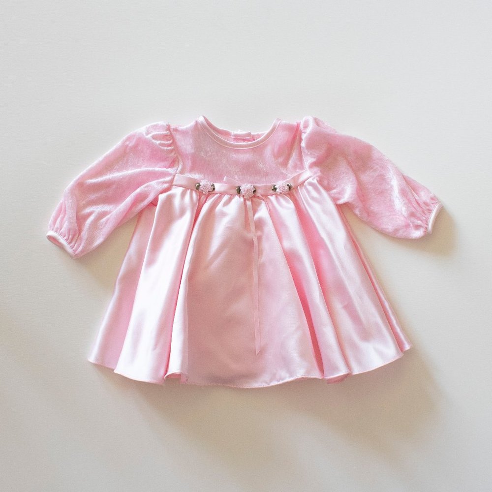 Vintage Baby Girl Fancy Dress Pink Velvet Flowers